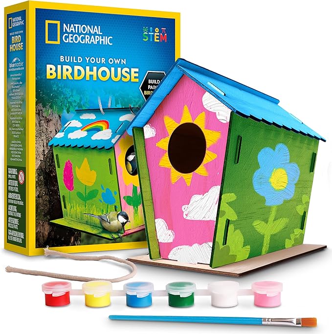 NATIONAL GEOGRAPHIC Creative Conservation™ Build Your Own Birdhouse Kit – DIY Wooden Birdhouse Craft with Paints, Brush, Bird-Watching Journal & Educational Poster for Kids, Bird House Craft
