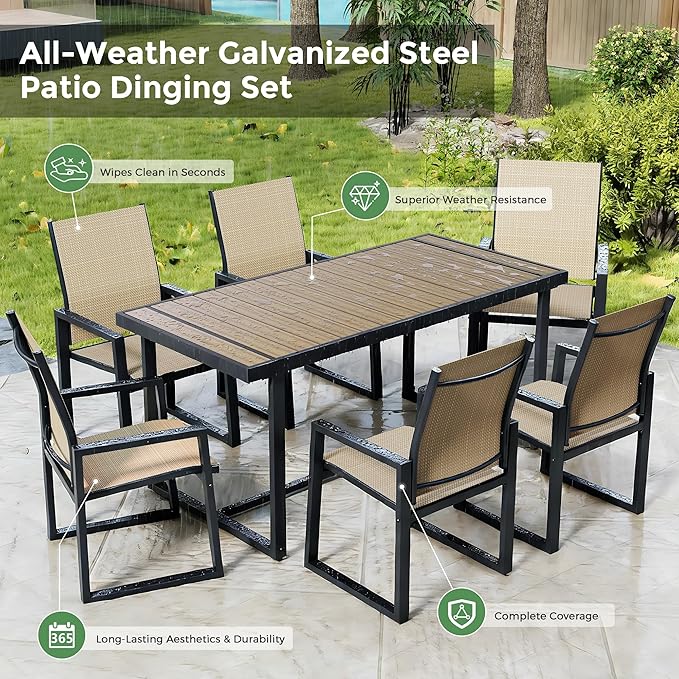 7 Piece Patio Dining Set for 6, Outdoor Furniture Set Includes 67" Rectangle Patio Table and 6 Textilene Dining Chairs, Outdoor Table and Chairs for Outsides, Backyard, Garden and Poolside