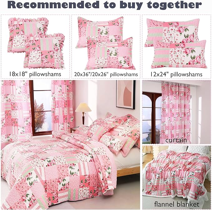 Cmfshape Floral Bedspread with 2 Pillow Shams-King Size,Patchwork Pink Quilt Set 3 Piece,Summer Quilt for Girls Women,Lightweight Reversible Bed Coverlet for All Seasons(King106 x96 Pink)