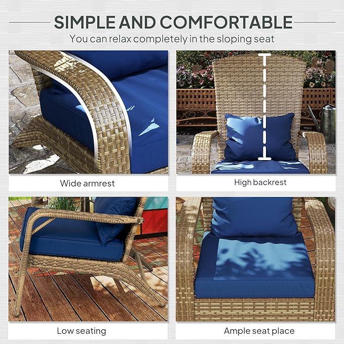 Outsunny Patio Wicker Adirondack Chair, Outdoor All-Weather Rattan Fire Pit Chair with Soft Cushions, Tall Curved Backrest and Comfortable Armrests for Deck or Garden, Dark Blue