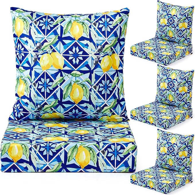 Hoteam 4 Set Outdoor Chair Patio Cushions Deep Seat Waterproof Chair Cushions 20 x 20 Inch for Patio Furniture Set Replacement Removable Seat and Back(Lemon)