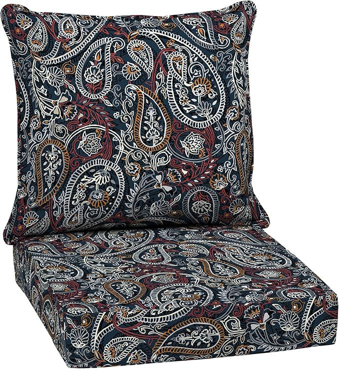 Arden Outdoor Deep Seat Cushion Set, 24 in x 24 in, Weather-Proof, Rain-Proof, Fade Resistant Patio Cushion for Chair, Sofa, and Couch Navy Palmira Paisley
