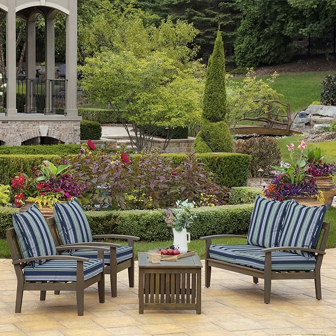 Arden Outdoor Deep Seat Cushion Set, 22 in x 24 in, Weather-Proof, Rain-Proof, Fade Resistant Patio Cushion Sapphire Aurora Blue Stripe