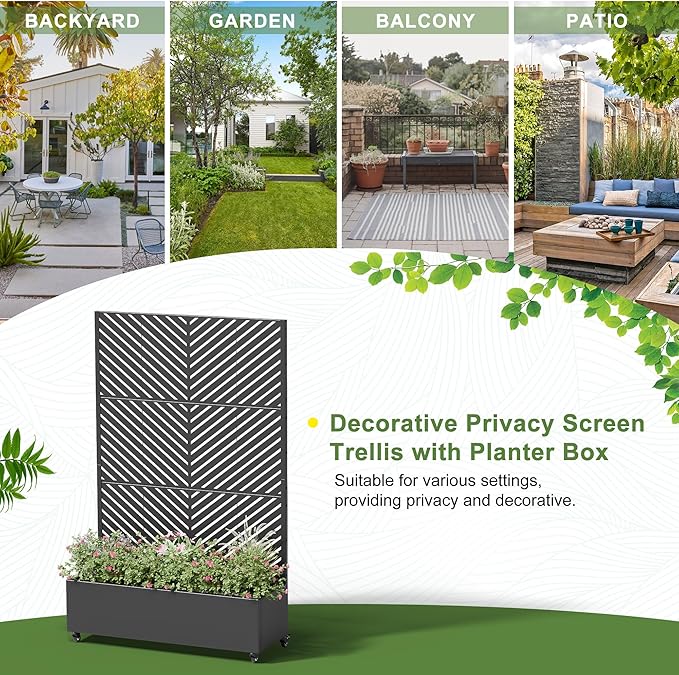 Casaphoria Metal Raised Garden Bed with Trellis and Wheels, 72"x47"x16" Planter Box for Climbing Plants, Vegetables & Vines, Features Drainage Holes and Privacy Screen (Black-Parallel)