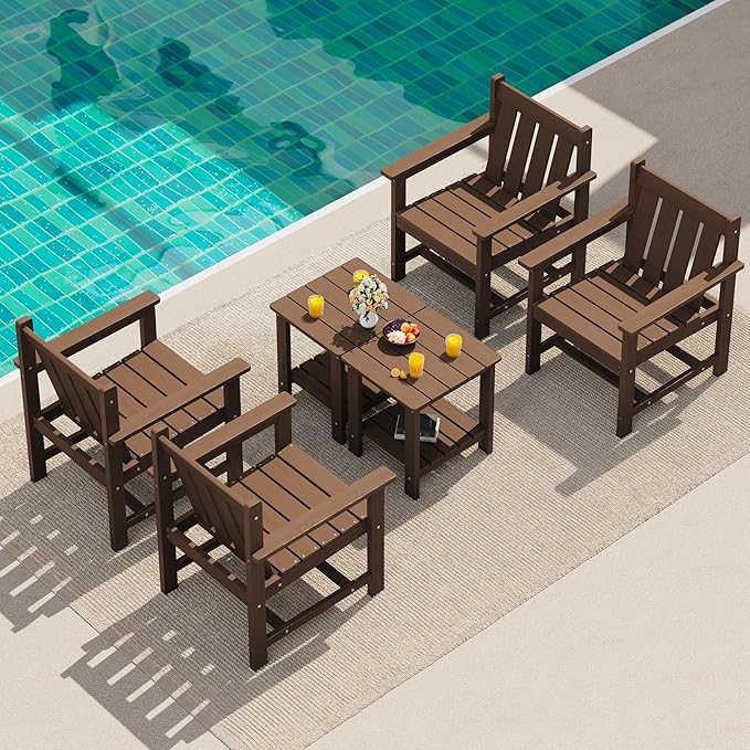 SEWRWALL 3 Pieces Patio Bistro Set, All Weather Adirondack Chair Set with Side Table, HDPE Material Outdoor Patio Furniture Set for Balcony, Porch, Garden, Backyard- Brown