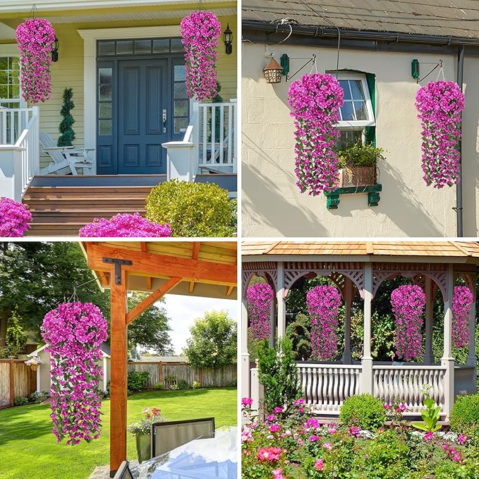 Ouddy Decor 4 Pcs Artificial Hanging Flowers Fake Hanging Plants Violet Flowers Vine Garland for Indoor Outdoor Garden Patio Yard Porch Home Wedding Decoration, Fuchsia