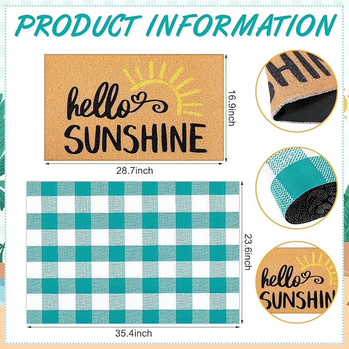 Tinideya 2 Pcs Summer Door Mat Non Slip Wildflower Coastal Hello Sunshine Sweet Home Ocean Pet Welcome Floor Doormat Buffalo Plaid Checked Stripe Mat Seasonal for Front Porch Entryway(Sunshine)