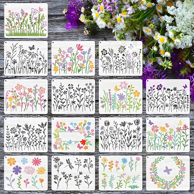 16 Pieces Wildflower Stencils for Painting on Wood, Reusable Flower Paint Templates with Nature Plant Pattern, 4.7 x 5.9 Inch DIY Craft Stencils for Wall Home Decor