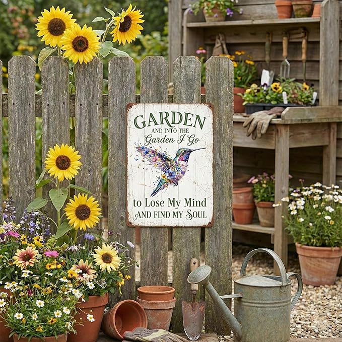Vintage Hummingbird Garden Tin Sign - "Into The Garden I Go" Inspirational Quote - 8x12 Aluminum Floral Bird Wall Art - Rustic Farmhouse Patio Decor - Metal Sign Perfect Gardening Gift for Shed, Mom, Grandma