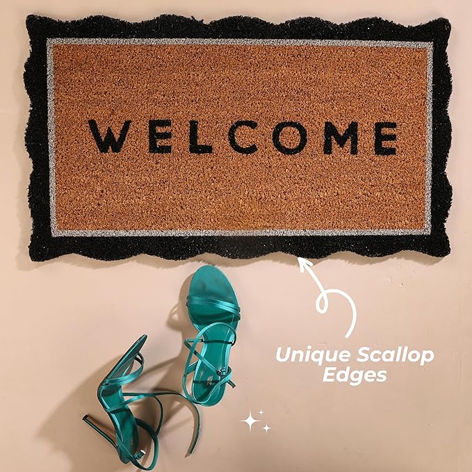 Folkulture Welcome Matt Outdoor | 16 x 28 Door Mats for Front Door Mat Outside Entrance | Eco Friendly | Welcome-Mats Cute | Scalloped Coir Door Mats | Outdoor Decor for Home | Durable & Anti Slip