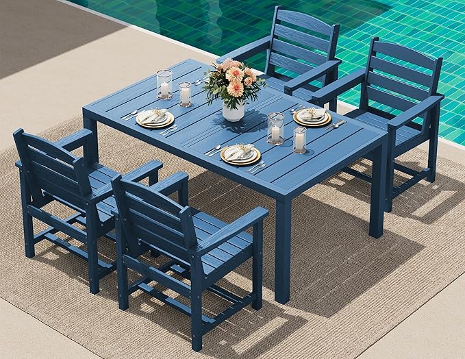 SERWALL 5-Piece Outdoor Table and Chairs, 60" - 83" Expandable Outdoor Dining Table with Aluminum Frame & HDPE Tabletop, All Weather HDPE Patio Furniture Set for Backyard, Garden, Blue