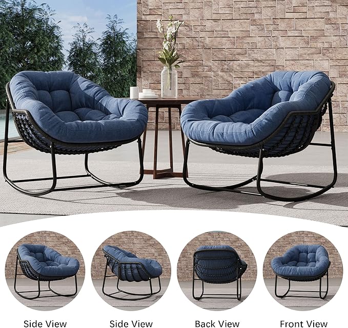 Oversized Rocking Chair Outdoor Set of 2, Rocking Papasan Chair, Patio Egg Chair with Padded Cushion, Outdoor Wicker Rocking Chair for Front Porch, Garden, Patio (Navy Blue)