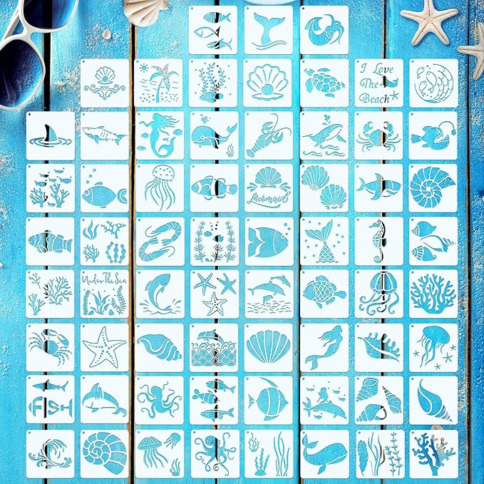 Marspark 66 Pcs Spring Easter Small Stencils for Crafts Reusable 3 Inch Stencils for Painting on Wood DIY Craft Paint Template for Wall Home Decor Card Rock Canvas Drawing Holiday (Ocean)