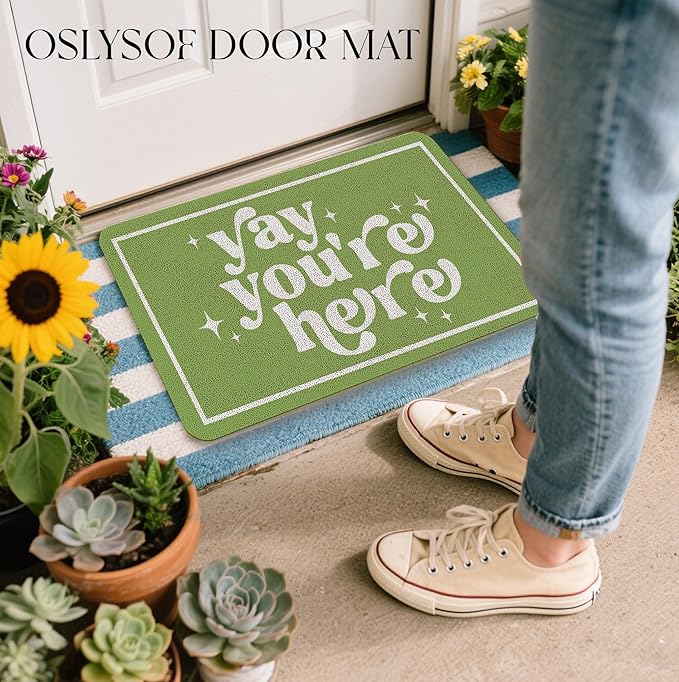 Funny Green Door Mat, Yay You're Here Doormat for Front Door Indoor Outdoor Porch Entrance Entryway, Funny Welcome Mat Outside, 17x30 Inches