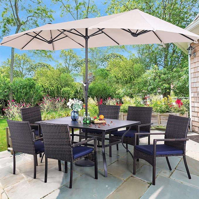 PHI VILLA 7 Piece Patio Dining Set with Umbrella, 60” Rectangular Metal Dining Table & 6 Cushioned Rattan Wicker Chairs & 13ft Large Beige Umbrella for Outdoor, Deck, Yard, Porch