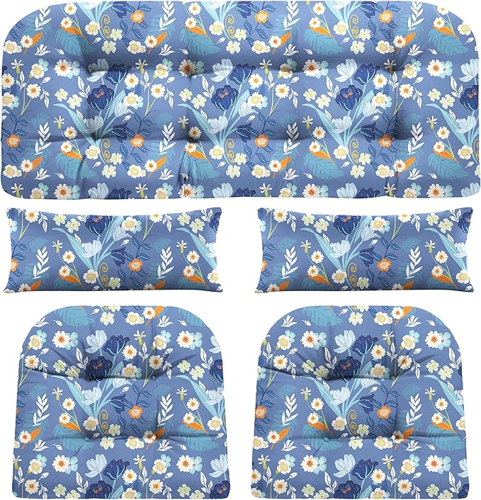 Wicker Chair Cushions of 5 Pieces, Waterproof Outdoor Loveseat Cushion for Wicker Furniture, 1 Love Seat Cushion, 2 U-Shape and 2 Lumbar Pillows for Patio Furniture (Blue Flower)