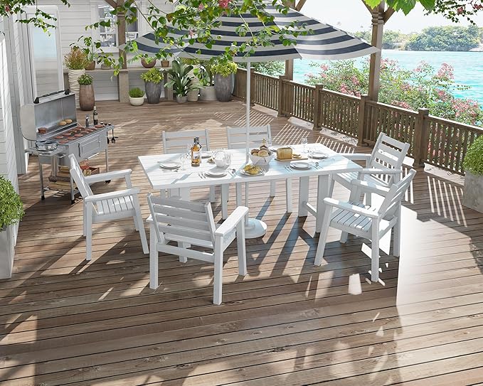 AMERLIFE 7-Piece HDPE Outdoor Dining Set with Umbrella Hole, 71" L Patio Table and Chairs Set for 6, Modern Garden Dining Set for Backyard, Poolside, Porch, White