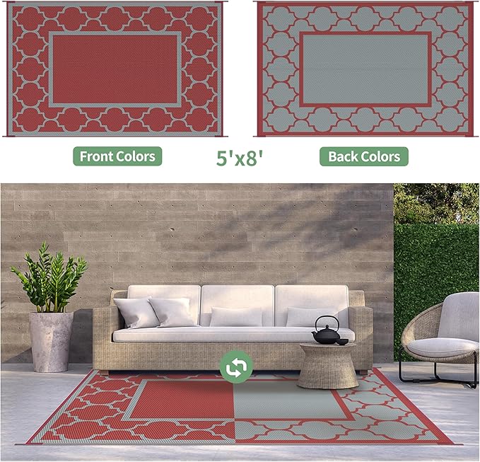 GENIMO 5' x 8' Outdoor Rug Waterproof for Patio Christmas Decor, Foldable Reversible Plastic Straw Area Rugs Mat for Camper, Outside Carpet for Rv, Deck, Porch, Picnic, Beach, Balcony, Red & Grey