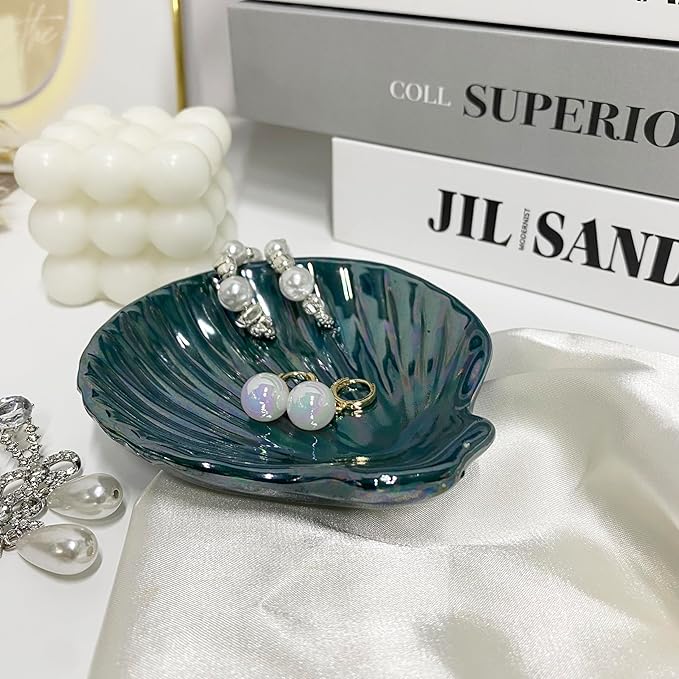 Seashell Trinket Tray, Ceramic Ring Holder Dish for Earrings Necklace, Shell Jewelry Dish Tray, Ocean Room Decor, Birthday Mother's Day Christmas Gift for Women, 3.9", Deep Teal Iridescent Surface
