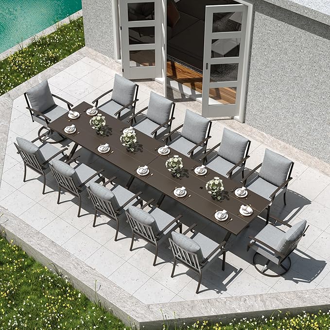 Kullavik 14 PCS Outdoor Dining Table Set for 12,Fence Pattern Back Chairs & Swivel Chairs,Iron Longboard X-Leg Table w/Parasol Hole,Patio Furniture Set for Backyard,Garden,Poolside-Grey