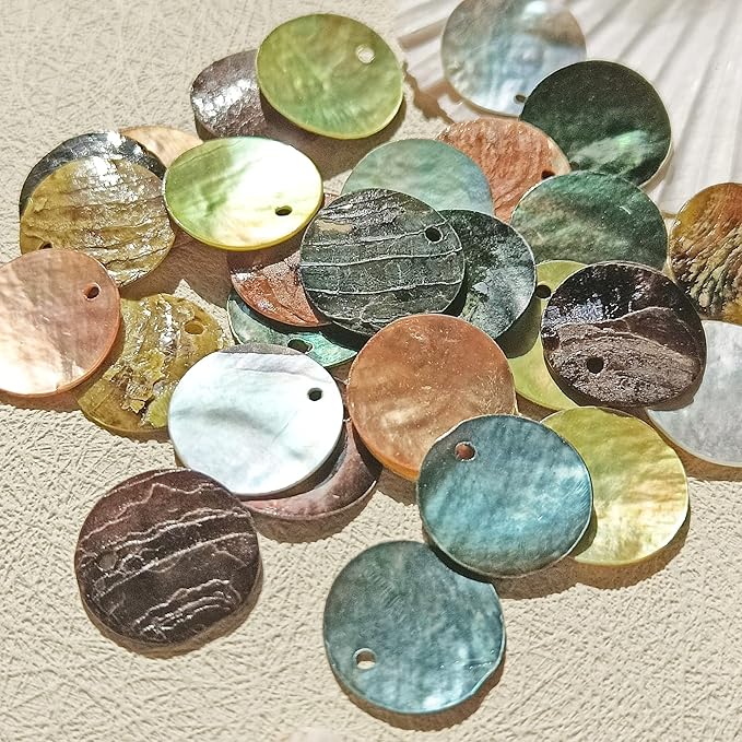 Firstmeet Shell Beads 65pcs Natural 20mm Flat Round Mussel Shell Coin Drop Charm Beads with Iridescent Back for Handcraft Jewelry Making(DIY-1023-Grass Mix-20)