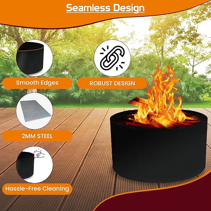 SIMOND Store Portable Fire Pit Ring Liner - 24" X 12" No Bottom 2mm Heavy Duty Steel Round Fire Pit Insert - Above or In-Ground DIY Fire Ring Insert for Outdoor Garden, Patio, Camping & Bonfire