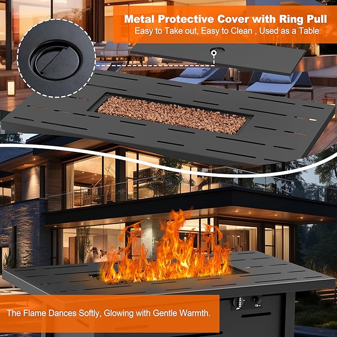 Walsunny 43 inch Outdoor Propane Fire Pit 50,000 BTU Gas Fire Pit Table with Lid, Waterproof Cover, Rectangle Gas Firepit Table for Garden/Patio, CSA Certification