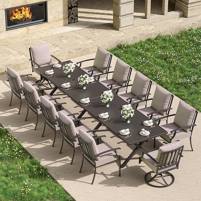 Kullavik 14 PCS Outdoor Dining Table Set for 12,Fence Pattern Back Chairs & Swivel Chairs,Iron Longboard X-Leg Table w/Parasol Hole,Patio Furniture Set for Backyard,Garden,Poolside-Sand