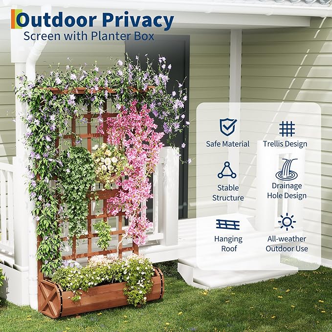 GarveeLife 67" h Raised Garden Bed with Trellis & Roof - Wooden Planter Box with Drainage, Freestanding Outdoor Garden Box for Climbing Vines, Vegetables, Flowers - Perfect for Yard, Patio, Balcony