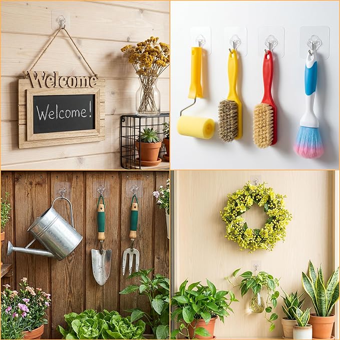 Adhesive Wall Hooks for Hanging, 50 Pack Heavy Duty Stainless Self Sticky Hooks, Waterproof and Rustproof Clear Self Adhesive Utility Hooks for Bathroom Kitchen Office Outdoor Inside Wardrobe Towel
