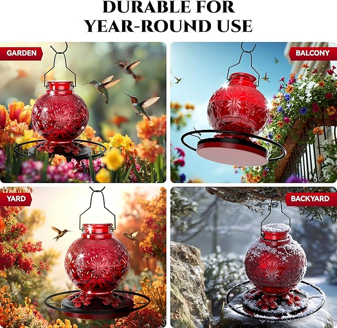 Glass Hummingbird Feeder for Outdoors, 25Oz Large Decorative Hanging Hummingbird Feeder, Leak Proof Durable Wild Bird Feeders, Hummingbird Gifts for Women & Mom, Garden Decor Window Feeder, Red