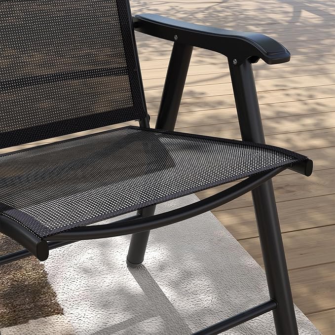 Outsunny Set of 4 Patio Folding Chairs, Stackable Outdoor Sling Patio Dining Chairs with Armrests for Lawn, Camping, Dining, Beach, Metal Frame, No Assembly, Black