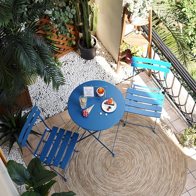 Grand patio 3-Piece Folding Bistro Set, 2 Chairs and 1 Table, Weather-Resistant Outdoor/Indoor Conversation Set for Patio, Yard, Garden -Peacock Blue