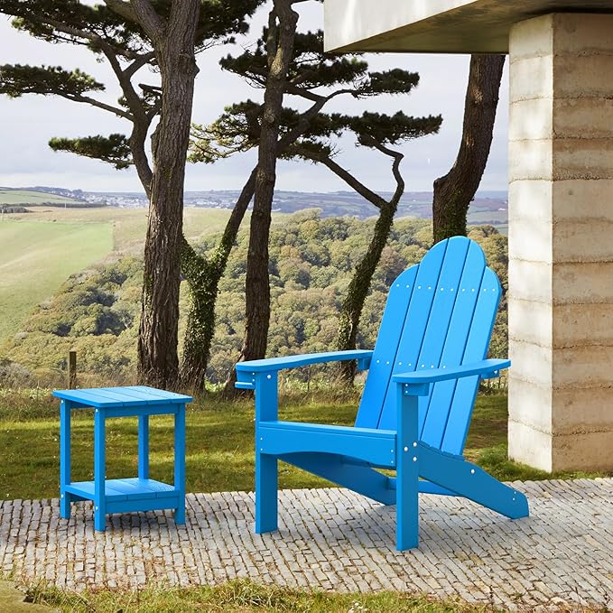 LUE BONA HDPS Adirondack Chairs, Fire Pit Outdoor Chair Weather Resistant with Cup Holder, Modern Plastic Chair Plastic for Patio, Deck, Proch, 350LBS, Blue