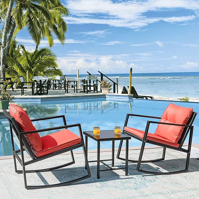 Flamaker Patio Chairs 3 Piece Wicker Rocking Chair Outdoor Bistro Sets with Coffee Table and Cushions Metal Frame Patio Furniture for Porch, Balcony, Lawn (Red)