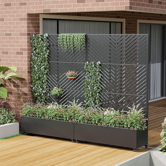 Casaphoria Metal Raised Garden Bed with Trellis and Wheels, 72"x47"x16" Planter Box for Climbing Plants, Vegetables & Vines, Features Drainage Holes and Privacy Screen (Black-Parallel)