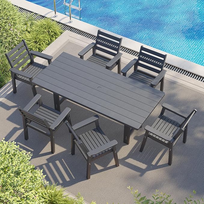 AMERLIFE 7-Piece HDPE Outdoor Dining Set with Umbrella Hole, 71" L Patio Table and Chairs Set for 6, Modern Garden Dining Set for Backyard, Poolside, Porch, Gray