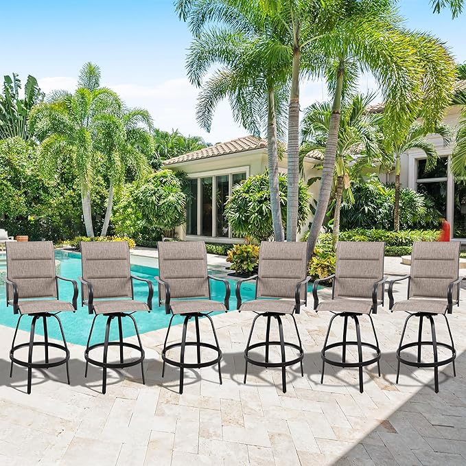 Vongrasig 6 Piece Outdoor Patio Swivel Bar Chairs, All Weather Padded Sling Textile High Top Bar Stools, Bistro Set for Backyard, Lawn Garden, Balcony, Gray