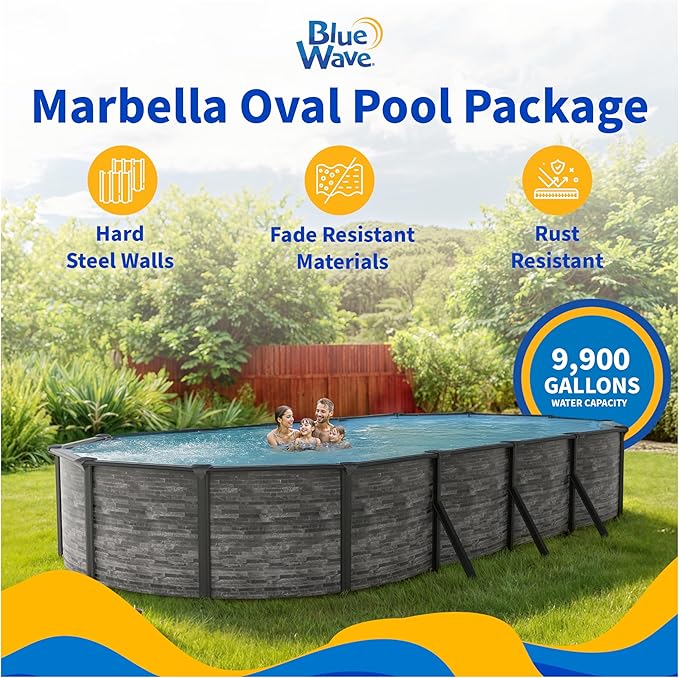 Blue Wave Marbella 15-ft x 30-ft Oval 52-in Deep Above Ground Swimming Pool – Steel Wall & Top Rails, Sand Filter, Skimmer, Liner, A-Frame Ladder & Maintenance Kit – Complete Outdoor Pool Accessories