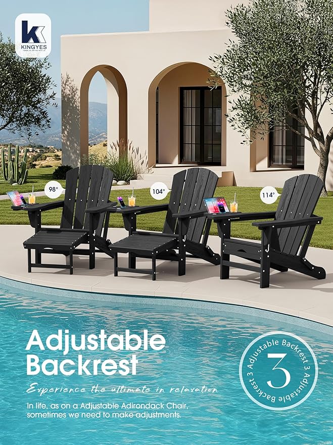 KINGYES Adjustable Folding Adirondack Chair with Footrest & 4-in-1 Multi-Functional Armrest Organizer, HDPE Foldable Recliner Adirondack Chair with Pull-Out Ottoman, Black