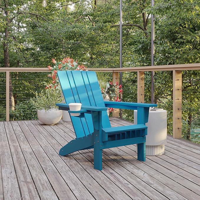 Flash Furniture Halifax Adirondack Chair with Cup Holder, Weather Resistant Poly Resin Adirondack Chair, Blue