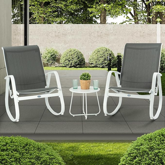 Kozyard Patio Rocking Chair Set of 3, Outdoor Contemporary Patio Rocking Sling Chair with Breathable Mesh Fabric Seat, Powder Coated Aluminum Frame for Patio, Porch, Yard, Garden