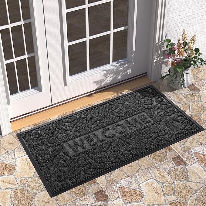 Yimobra Large Welcome Mat 47x24, Waterproof Non-Slip Outdoor Mats for Front Door Outside Entrance, Low-Profile Entryway Mat Indoor for Garage Patio, Black