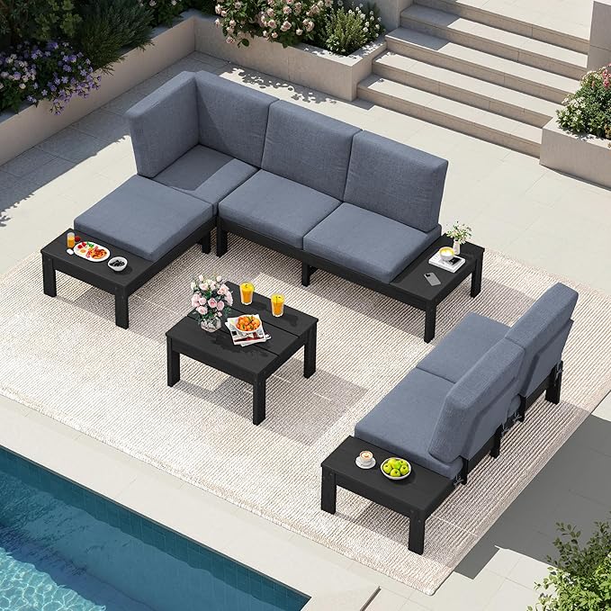 SERWALL HDPE Outdoor Furniture Set, 6 Seats Outdoor Sectional with Coffee Table, Outdoor Conversation Sets with Adjustable Backrest Sofa for Deck, Yard and Balcony, Black Frame with Grey Cushion