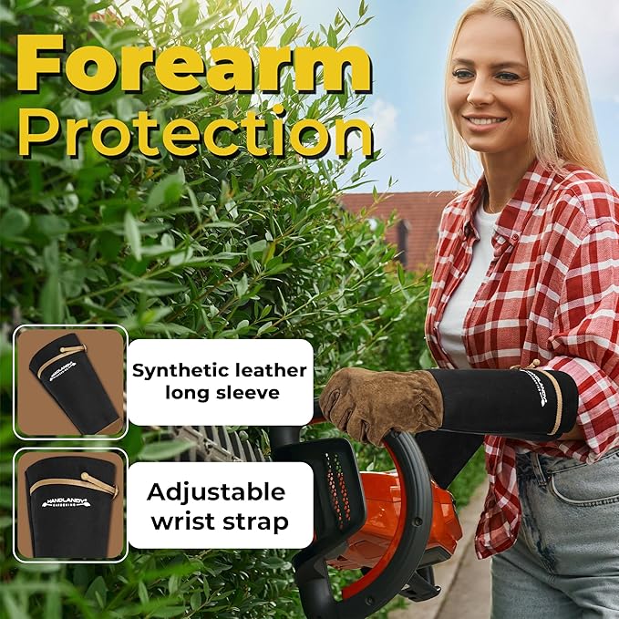 HANDLANDY Long Gardening Gloves for Men & Women, Pigskin Leather Rose Pruning Gloves, Breathable Thorn Proof Gauntlet Glove (Brown-Pigskin, S)