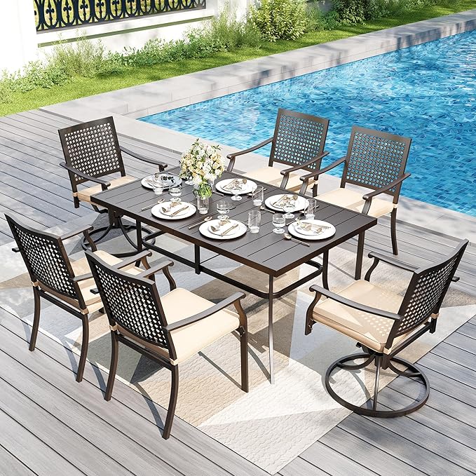 PHI VILLA 7 Pieces Outdoor Dining Set for 6, 59" Rectangle Metal Table with Umbrella Hole & Swivel Fixed Chairs with Cushions, Modern Wrought Iron Furniture for Patio, Deck, Yard, Porch