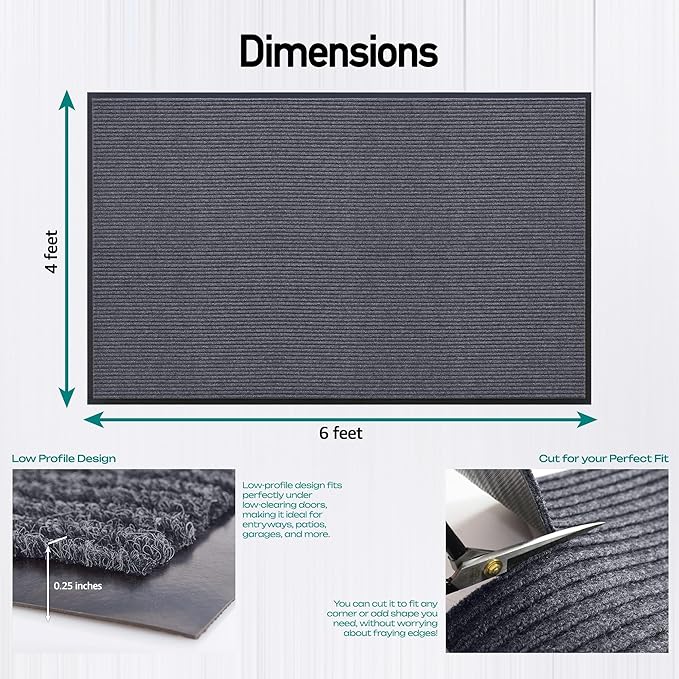 LuxUrux Large 4x6 Ft Rubber Door Mat – Heavy Duty Indoor Outdoor Entrance Rug, Waterproof & Non-Slip Floor Mat, Easy to Clean Low-Profile Front Doormat for Home, Garage, Patio – Gray Striped.