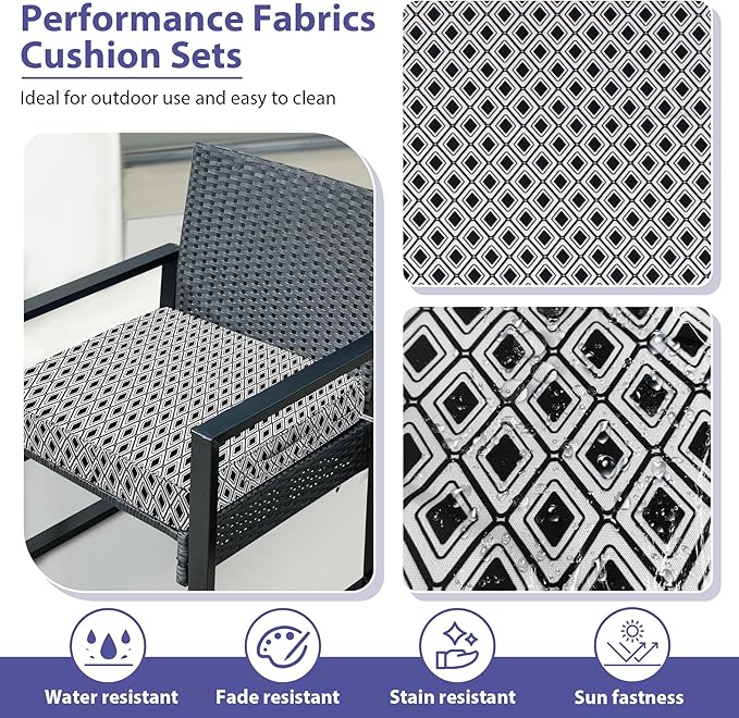 Outdoor Chair Cushions Set of 4,Waterproof Outdoor Seat Cushions for Patio Furniture,Patio Chair Cushion with Handle and Ties, Out Door Chair Pads,19" x 19" x 3", Black Geometry
