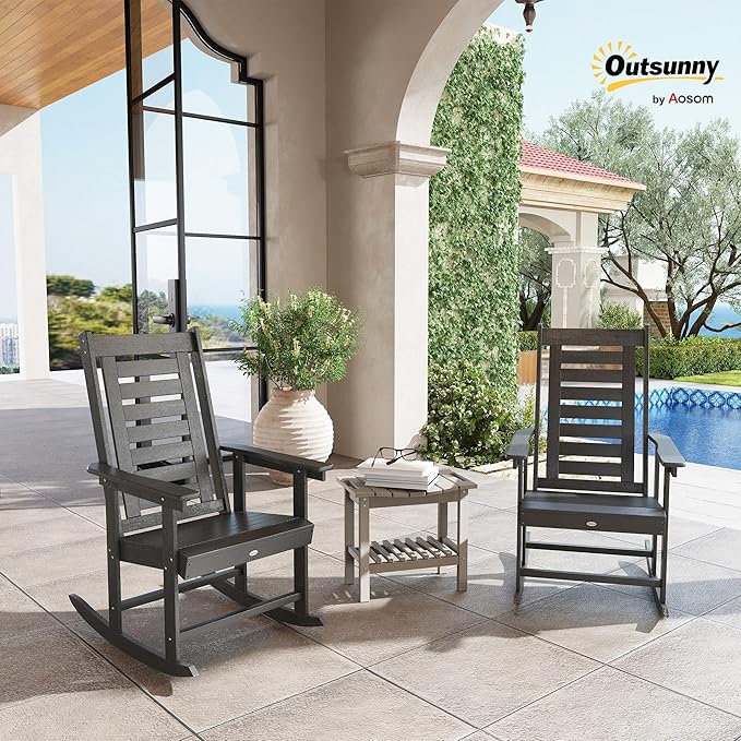 Outsunny Outdoor Rocking Chairs Set of 2, HDPE Patio Rocking Chairs with 28" High Back and Wide Armrests, All-Weather Slatted Porch Rockers for Garden, Balcony, Fire Pit, Dark Gray