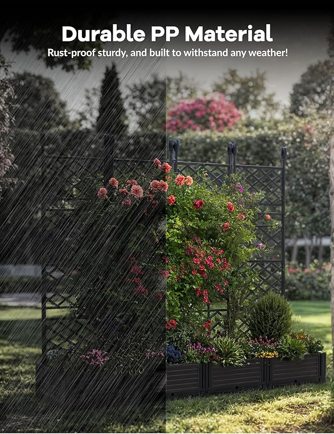 4 PCS Raised Garden Bed with Trellis & Privacy Screen, 66" w x 63" Tall Vertical Garden Planter Box for Climbing Plants - Sturdy Lightweight Outdoor Planter for Vegetables, Flowers on Patio, Balcony